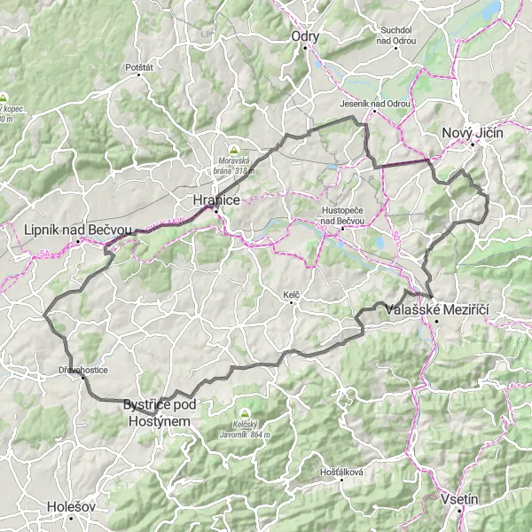 Map miniature of "Challenging Road Cycling Tour of Moravskoslezsko" cycling inspiration in Moravskoslezsko, Czech Republic. Generated by Tarmacs.app cycling route planner