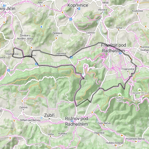Miniaturní mapa "Cyklistická cesta okolo Hodslavic" inspirace pro cyklisty v oblasti Moravskoslezsko, Czech Republic. Vytvořeno pomocí plánovače tras Tarmacs.app