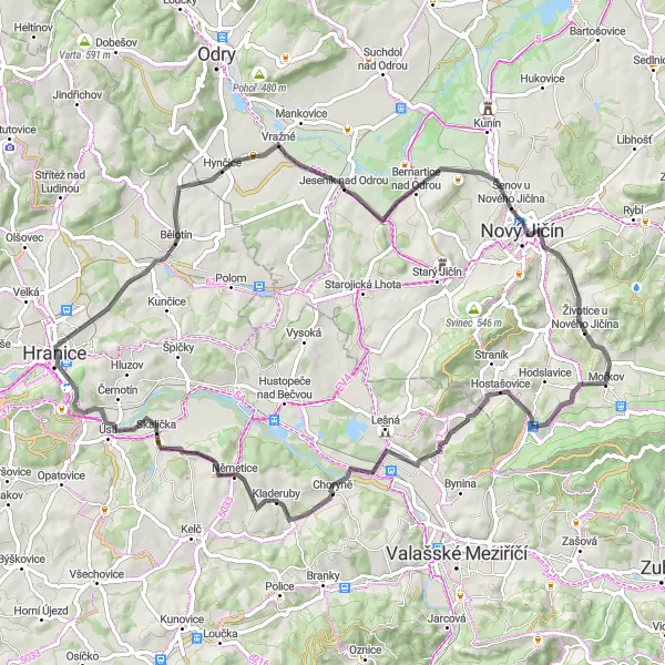Miniatura mapy "Szlak Roadowy przez Choryně i Vyhlídkę u sv. Jana" - trasy rowerowej w Moravskoslezsko, Czech Republic. Wygenerowane przez planer tras rowerowych Tarmacs.app