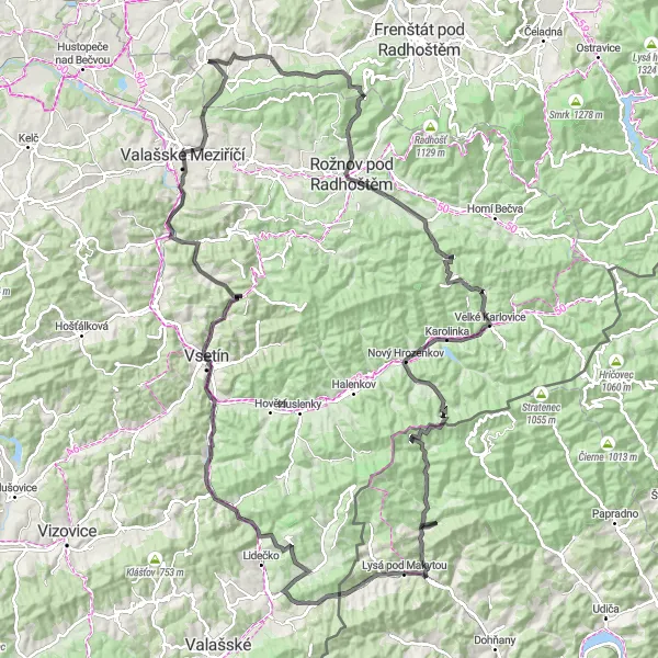 Miniaturní mapa "Road: Hodslavice - Krhová" inspirace pro cyklisty v oblasti Moravskoslezsko, Czech Republic. Vytvořeno pomocí plánovače tras Tarmacs.app