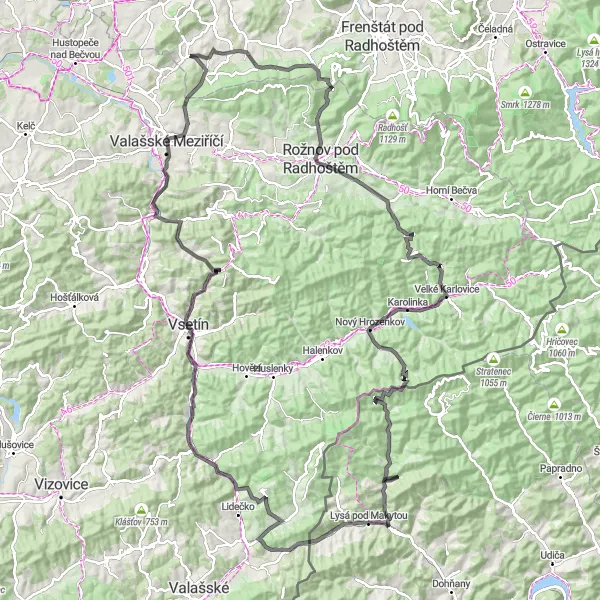 Map miniature of "Ultimate Hill Challenge: Hodslavice to Vigantice" cycling inspiration in Moravskoslezsko, Czech Republic. Generated by Tarmacs.app cycling route planner