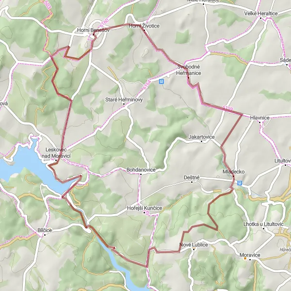 Miniaturní mapa "Gravelová cyklotrasa Horní Benešov - Leskovec nad Moravicí" inspirace pro cyklisty v oblasti Moravskoslezsko, Czech Republic. Vytvořeno pomocí plánovače tras Tarmacs.app