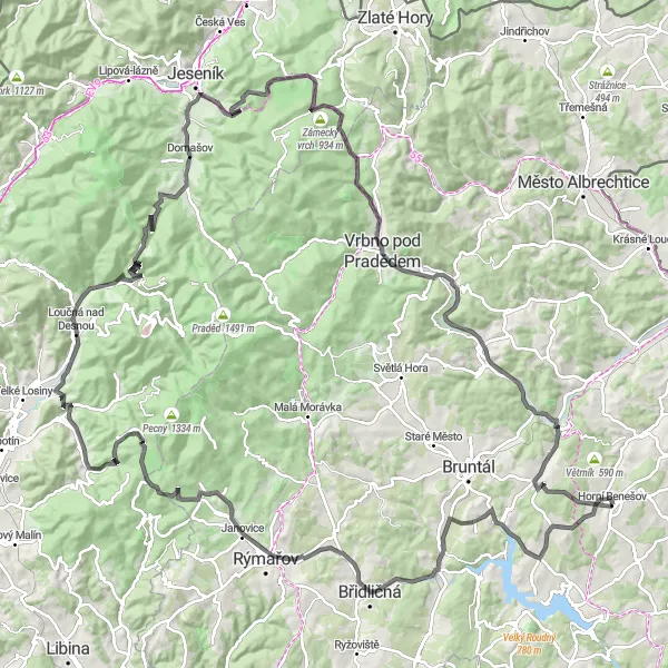 Miniaturní mapa "Silniční cyklotrasa okolo Horního Benešova" inspirace pro cyklisty v oblasti Moravskoslezsko, Czech Republic. Vytvořeno pomocí plánovače tras Tarmacs.app