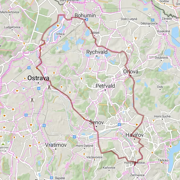Map miniature of "Gravel Exploration" cycling inspiration in Moravskoslezsko, Czech Republic. Generated by Tarmacs.app cycling route planner