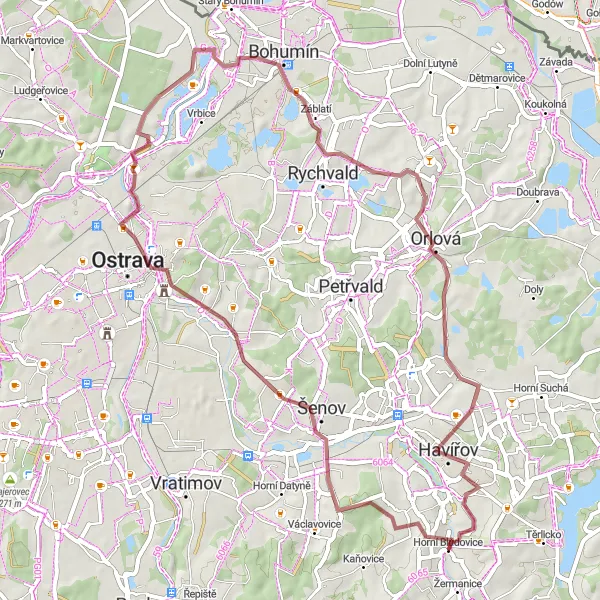 Mapa miniatúra "Trasa po štrkových cestách od Horních Bludovic" cyklistická inšpirácia v Moravskoslezsko, Czech Republic. Vygenerované cyklistickým plánovačom trás Tarmacs.app