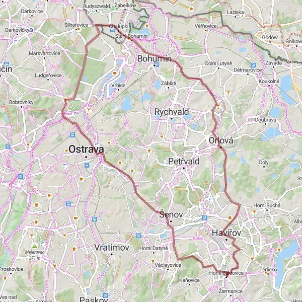 Mapa miniatúra "Gravel trasa okolo Horních Bludovic" cyklistická inšpirácia v Moravskoslezsko, Czech Republic. Vygenerované cyklistickým plánovačom trás Tarmacs.app