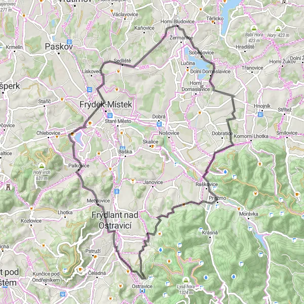 Map miniature of "Road to the Hills" cycling inspiration in Moravskoslezsko, Czech Republic. Generated by Tarmacs.app cycling route planner