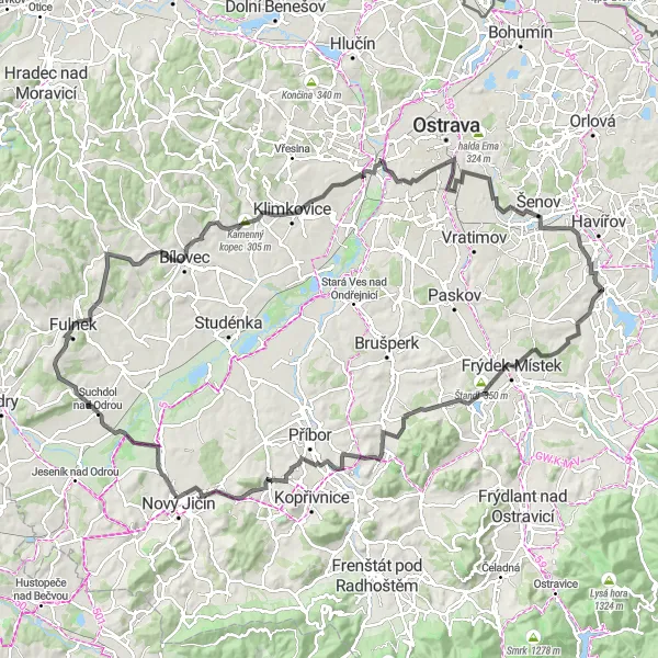 Map miniature of "Challenging Heights" cycling inspiration in Moravskoslezsko, Czech Republic. Generated by Tarmacs.app cycling route planner