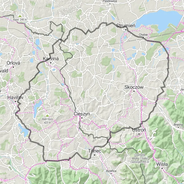 Map miniature of "Scenic Splendor" cycling inspiration in Moravskoslezsko, Czech Republic. Generated by Tarmacs.app cycling route planner