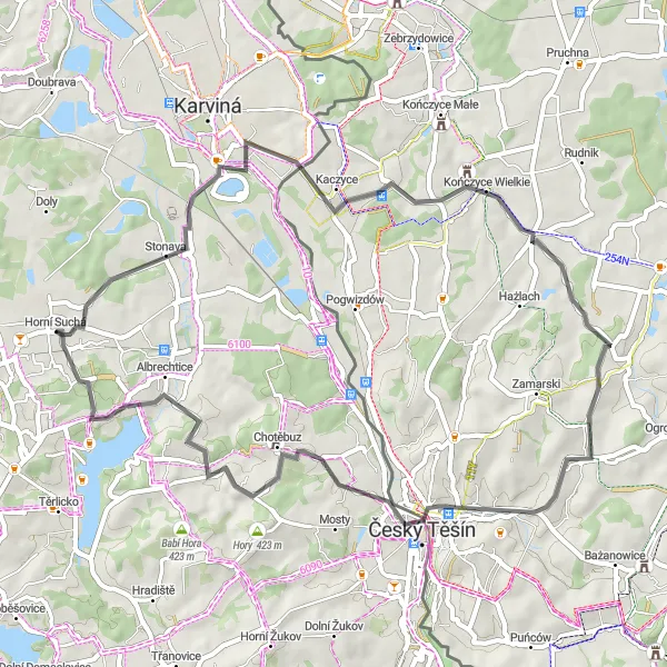 Map miniature of "Borderland Exploration" cycling inspiration in Moravskoslezsko, Czech Republic. Generated by Tarmacs.app cycling route planner