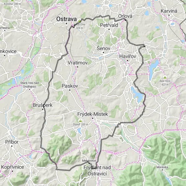 Miniaturní mapa "Kolem památek a vyhlídek u Horní Suché" inspirace pro cyklisty v oblasti Moravskoslezsko, Czech Republic. Vytvořeno pomocí plánovače tras Tarmacs.app