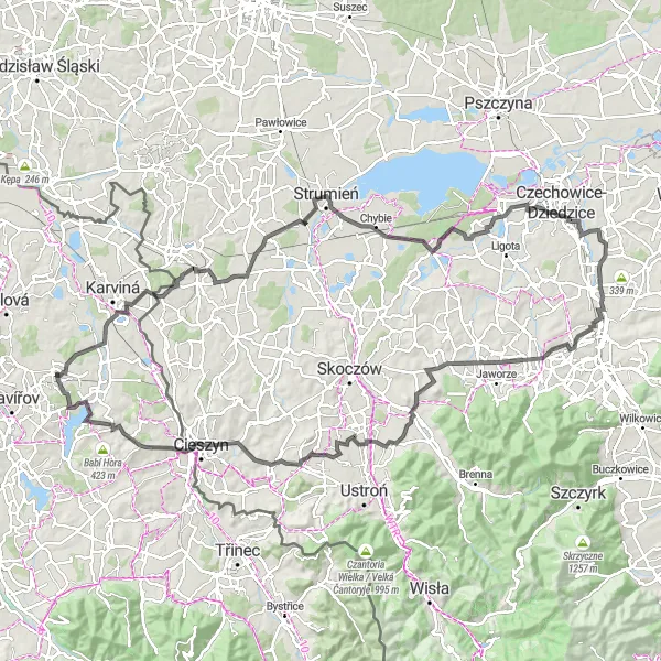 Mapa miniatúra "Historická cyklotrasa okolo Horní Suché" cyklistická inšpirácia v Moravskoslezsko, Czech Republic. Vygenerované cyklistickým plánovačom trás Tarmacs.app