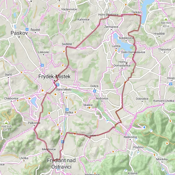 Miniaturní mapa "Gravelová projížďka kolem Soběšovic" inspirace pro cyklisty v oblasti Moravskoslezsko, Czech Republic. Vytvořeno pomocí plánovače tras Tarmacs.app