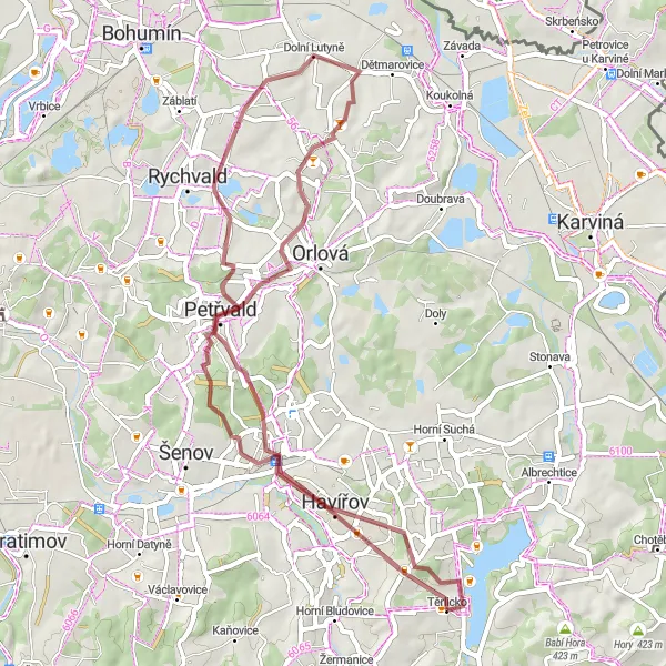 Miniaturní mapa "Gravelová trasa k Šumbarku" inspirace pro cyklisty v oblasti Moravskoslezsko, Czech Republic. Vytvořeno pomocí plánovače tras Tarmacs.app