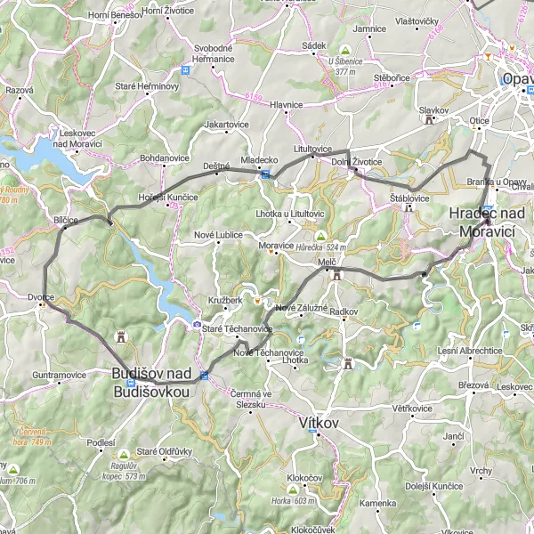 Karten-Miniaturansicht der Radinspiration "Eine Fahrt durch die grüne Landschaft" in Moravskoslezsko, Czech Republic. Erstellt vom Tarmacs.app-Routenplaner für Radtouren