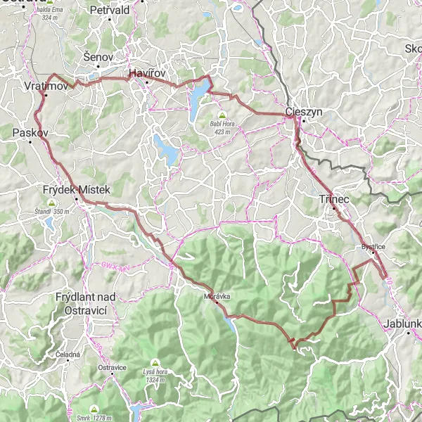 Map miniature of "Roaming Beskydy's Wilderness" cycling inspiration in Moravskoslezsko, Czech Republic. Generated by Tarmacs.app cycling route planner