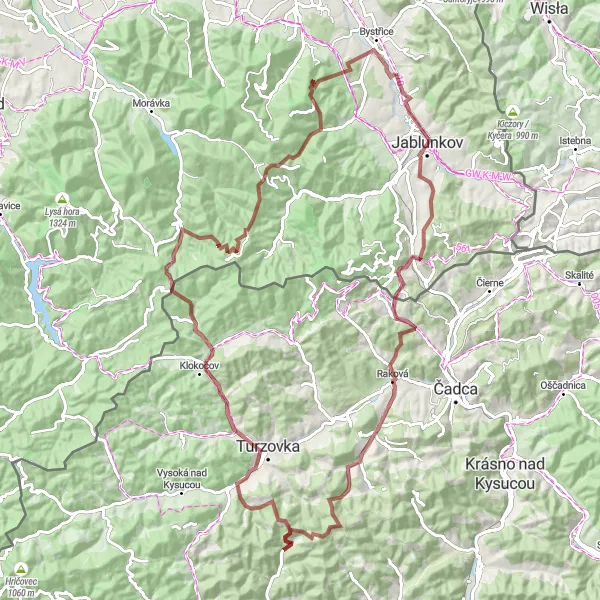 Miniaturní mapa "Okružní cyklotrasa Jablunkov" inspirace pro cyklisty v oblasti Moravskoslezsko, Czech Republic. Vytvořeno pomocí plánovače tras Tarmacs.app