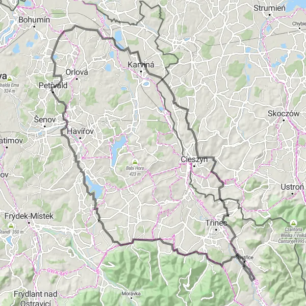 Map miniature of "Hrádek Loop" cycling inspiration in Moravskoslezsko, Czech Republic. Generated by Tarmacs.app cycling route planner