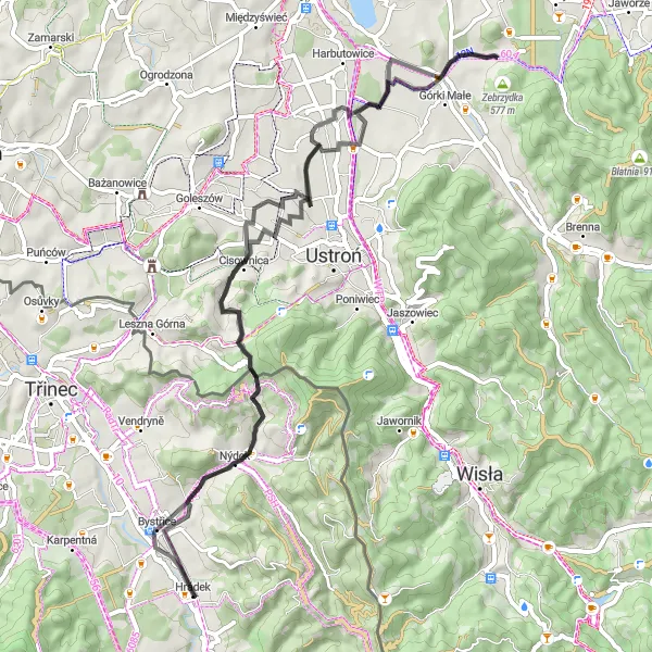 Map miniature of "Grodzisko and Bystřice Loop" cycling inspiration in Moravskoslezsko, Czech Republic. Generated by Tarmacs.app cycling route planner