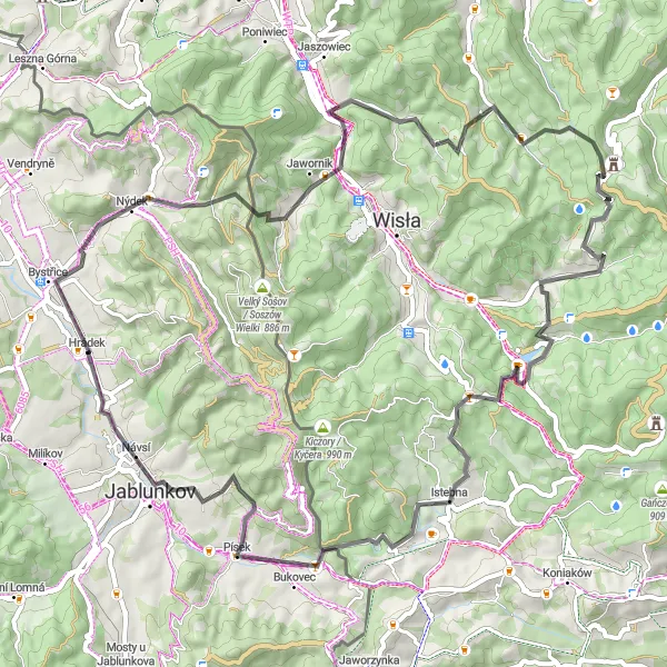 Miniaturní mapa "Cyklistická trasa Hrádek - Nýdek" inspirace pro cyklisty v oblasti Moravskoslezsko, Czech Republic. Vytvořeno pomocí plánovače tras Tarmacs.app