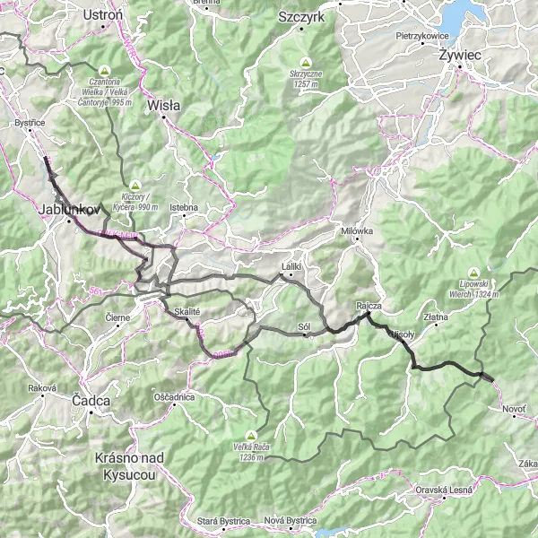 Karten-Miniaturansicht der Radinspiration "Hrádek - Jablunkov" in Moravskoslezsko, Czech Republic. Erstellt vom Tarmacs.app-Routenplaner für Radtouren