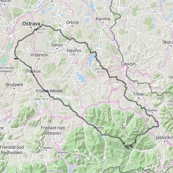 Map miniature of "Morávka Extended Loop" cycling inspiration in Moravskoslezsko, Czech Republic. Generated by Tarmacs.app cycling route planner