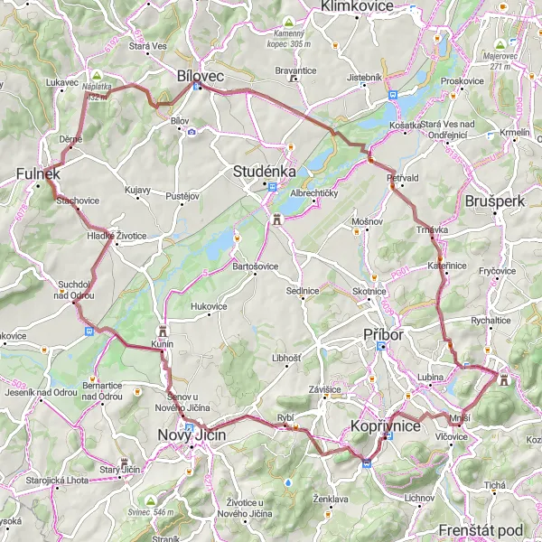 Map miniature of "Štramberská trúba - Rybí - Suchdol nad Odrou - Jelenice - Bravinné - Petřvaldík - Fojtovy vrchy - Hukvaldy" cycling inspiration in Moravskoslezsko, Czech Republic. Generated by Tarmacs.app cycling route planner