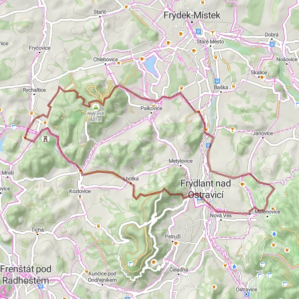 Karten-Miniaturansicht der Radinspiration "Abwechslungsreiche Schottertour um Hukvaldy" in Moravskoslezsko, Czech Republic. Erstellt vom Tarmacs.app-Routenplaner für Radtouren