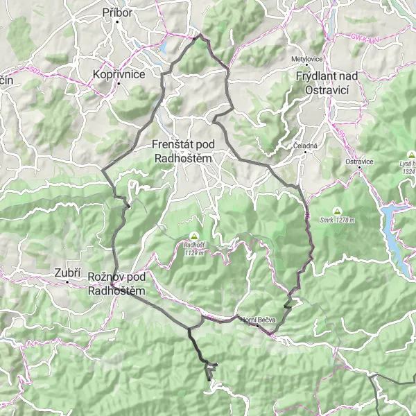 Miniaturní mapa "Trasa přes Kunčice a Horní Bečvu" inspirace pro cyklisty v oblasti Moravskoslezsko, Czech Republic. Vytvořeno pomocí plánovače tras Tarmacs.app