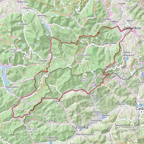 Map miniature of "Gravel Route from Jablunkov to Jablunkov via Severka, Bobok, Bílá, Mituří, Kozubová" cycling inspiration in Moravskoslezsko, Czech Republic. Generated by Tarmacs.app cycling route planner