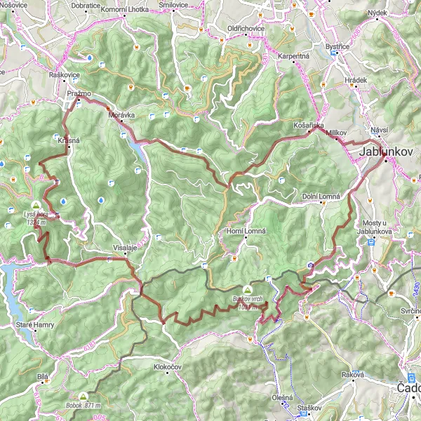 Map miniature of "The Extreme Gravel Challenge" cycling inspiration in Moravskoslezsko, Czech Republic. Generated by Tarmacs.app cycling route planner