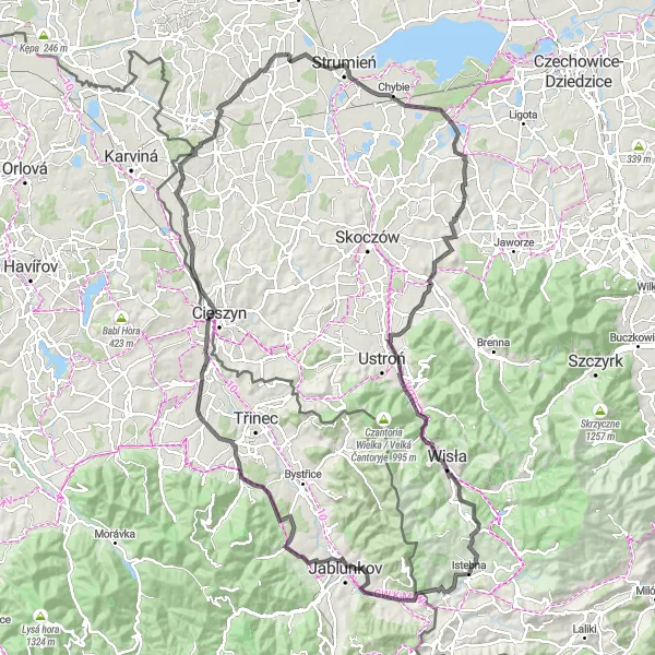 Map miniature of "Road Route from Jablunkov to Jablunkov via Písečná, Karpentná, Widok na Czeski Cieszyn, Rudzica, and Przełęcz Kubalonka" cycling inspiration in Moravskoslezsko, Czech Republic. Generated by Tarmacs.app cycling route planner