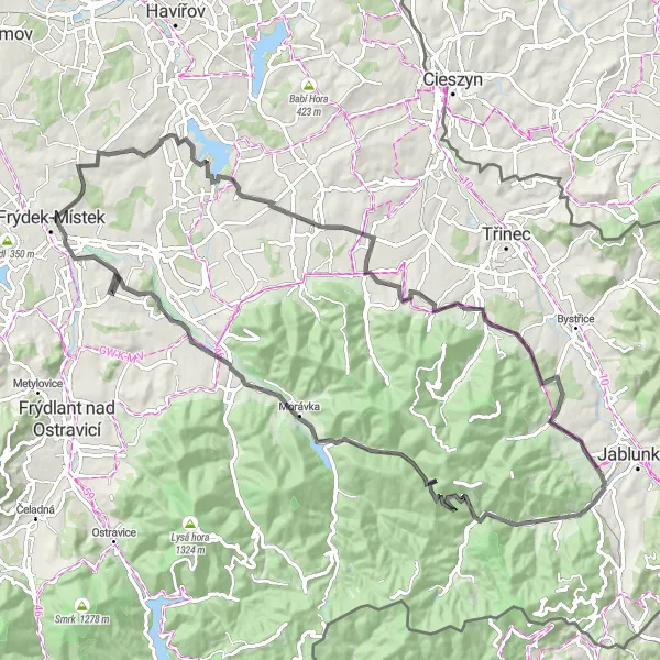 Map miniature of "Scenic Road Adventure" cycling inspiration in Moravskoslezsko, Czech Republic. Generated by Tarmacs.app cycling route planner