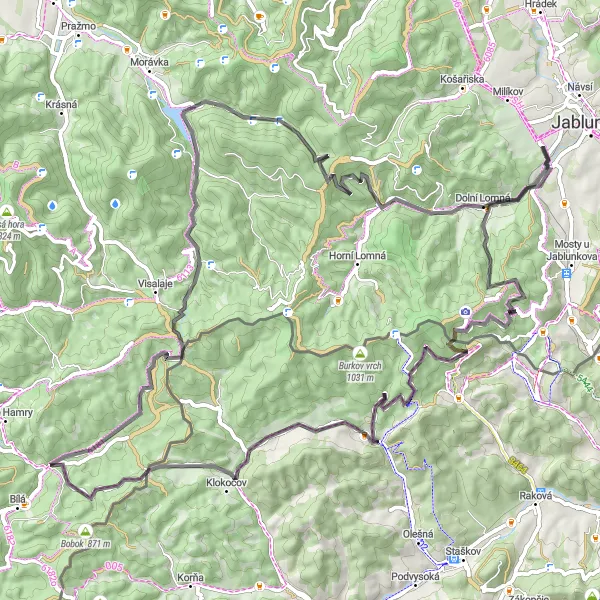 Miniaturní mapa "Cyklistická cesta kolem Jablunkova" inspirace pro cyklisty v oblasti Moravskoslezsko, Czech Republic. Vytvořeno pomocí plánovače tras Tarmacs.app