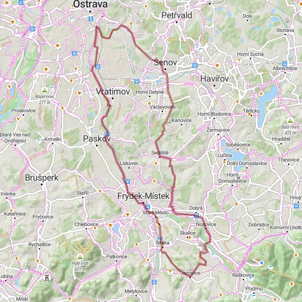 Miniaturní mapa "Gravelová exkurze okolo Janovic" inspirace pro cyklisty v oblasti Moravskoslezsko, Czech Republic. Vytvořeno pomocí plánovače tras Tarmacs.app