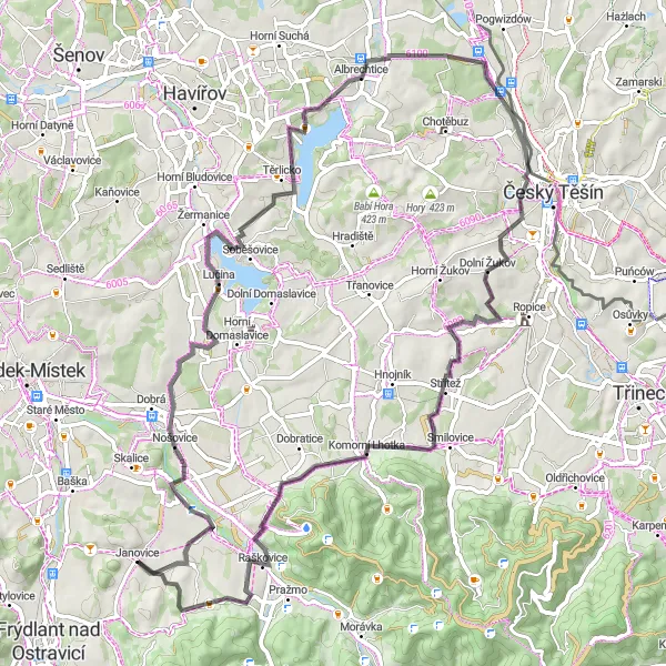 Mapa miniatúra "Road Adventure in Moravskoslezsko" cyklistická inšpirácia v Moravskoslezsko, Czech Republic. Vygenerované cyklistickým plánovačom trás Tarmacs.app