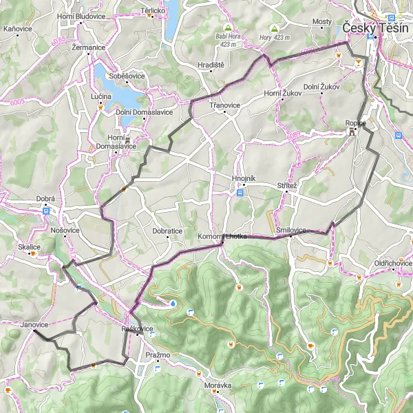 Map miniature of "Countryside Exploration Road Route" cycling inspiration in Moravskoslezsko, Czech Republic. Generated by Tarmacs.app cycling route planner