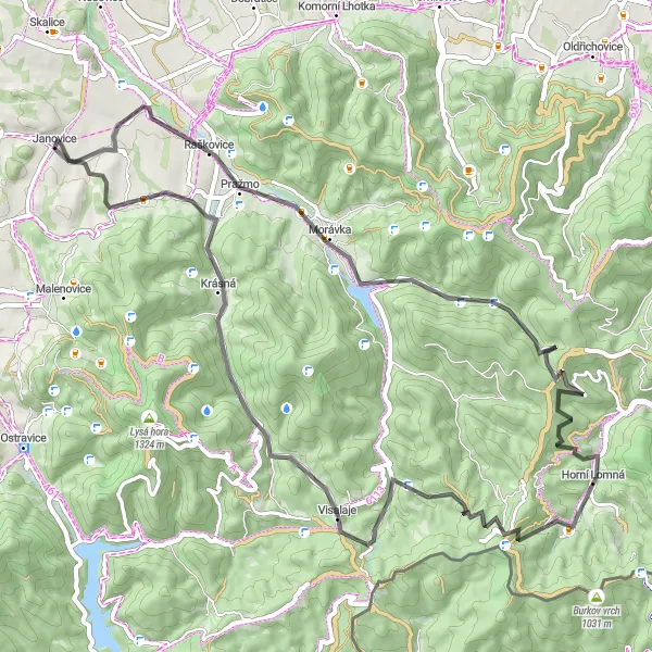 Mapa miniatúra "Road Route through Moravskoslezsko" cyklistická inšpirácia v Moravskoslezsko, Czech Republic. Vygenerované cyklistickým plánovačom trás Tarmacs.app