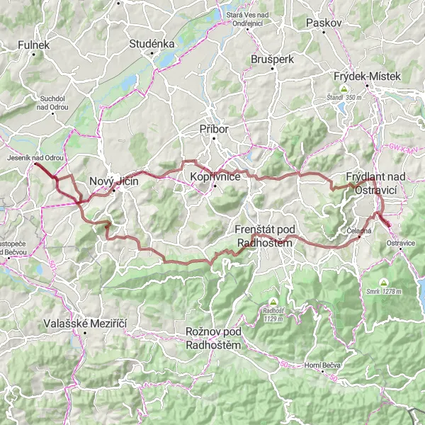 Mapa miniatúra "Gravelová trasa Rybí - Kojetín" cyklistická inšpirácia v Moravskoslezsko, Czech Republic. Vygenerované cyklistickým plánovačom trás Tarmacs.app