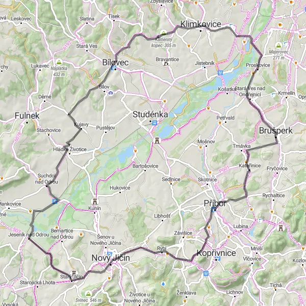 Map miniature of "Jeseník nad Odrou - Jeseník nad Odrou Round-trip" cycling inspiration in Moravskoslezsko, Czech Republic. Generated by Tarmacs.app cycling route planner