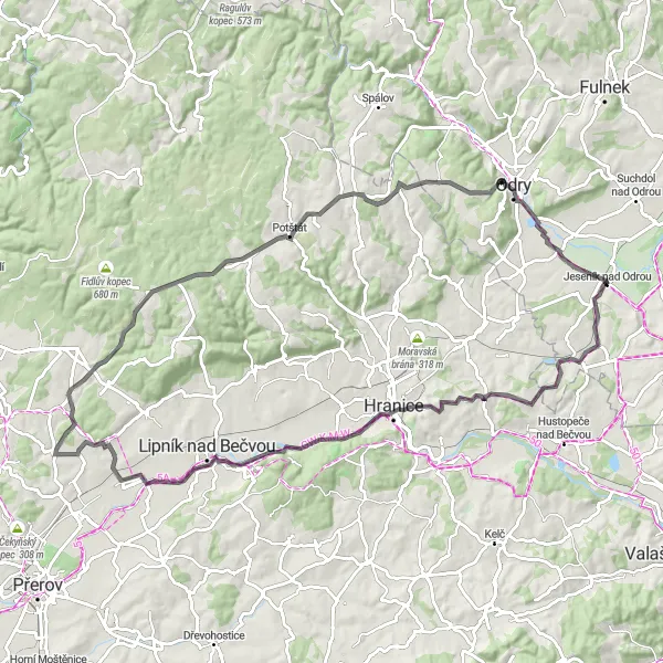 Map miniature of "Jeseník nad Odrou to Vražné Loop" cycling inspiration in Moravskoslezsko, Czech Republic. Generated by Tarmacs.app cycling route planner