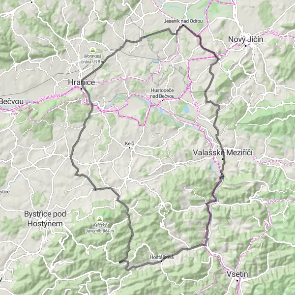 Map miniature of "Jeseník nad Odrou - Bělotín Round-trip" cycling inspiration in Moravskoslezsko, Czech Republic. Generated by Tarmacs.app cycling route planner