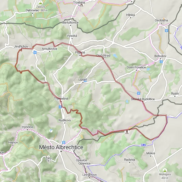 Map miniature of "Slezské Rudoltice and Hraniční vrch Gravel Route" cycling inspiration in Moravskoslezsko, Czech Republic. Generated by Tarmacs.app cycling route planner