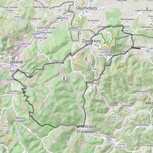 Map miniature of "Zámecká hora and Rejvíz Road Cycling Loop" cycling inspiration in Moravskoslezsko, Czech Republic. Generated by Tarmacs.app cycling route planner