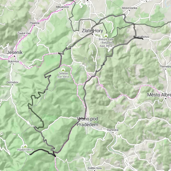 Miniaturní mapa "Náročná cyklotrasa s výhledy" inspirace pro cyklisty v oblasti Moravskoslezsko, Czech Republic. Vytvořeno pomocí plánovače tras Tarmacs.app