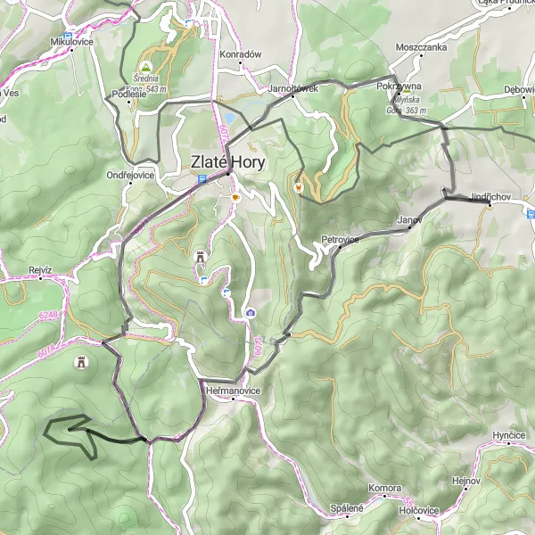 Miniaturní mapa "Cyklotrasa kolem Jindřichova - rychlý výlet" inspirace pro cyklisty v oblasti Moravskoslezsko, Czech Republic. Vytvořeno pomocí plánovače tras Tarmacs.app