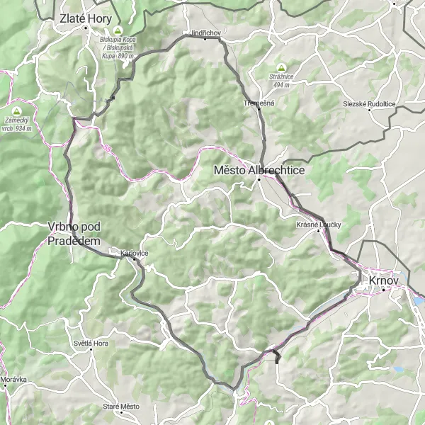 Miniaturní mapa "Okružní cyklistická trasa okolo Jindřichova" inspirace pro cyklisty v oblasti Moravskoslezsko, Czech Republic. Vytvořeno pomocí plánovače tras Tarmacs.app