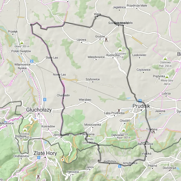 Miniaturní mapa "Příjemná cyklotrasa kolem Jindřichova" inspirace pro cyklisty v oblasti Moravskoslezsko, Czech Republic. Vytvořeno pomocí plánovače tras Tarmacs.app