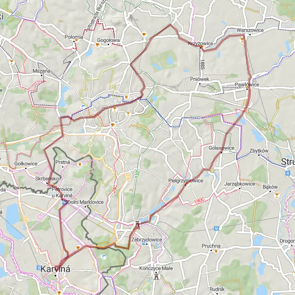 Miniaturní mapa "Gravel Tour around Karviná" inspirace pro cyklisty v oblasti Moravskoslezsko, Czech Republic. Vytvořeno pomocí plánovače tras Tarmacs.app