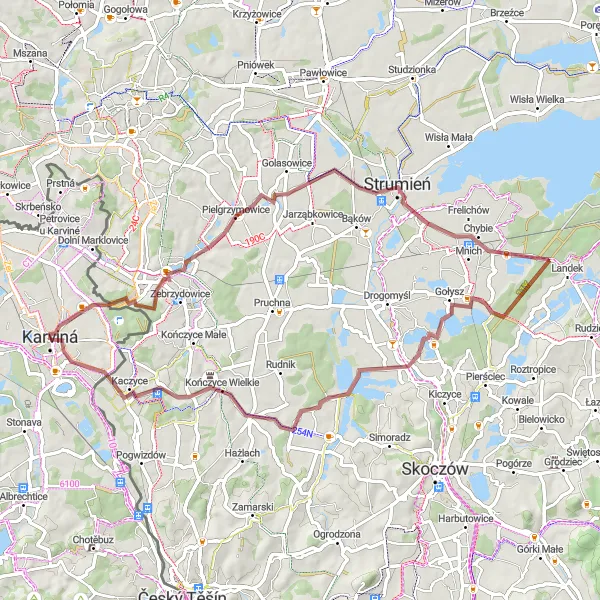 Map miniature of "The Pielgrzymowice and Karviná Gravel Route" cycling inspiration in Moravskoslezsko, Czech Republic. Generated by Tarmacs.app cycling route planner